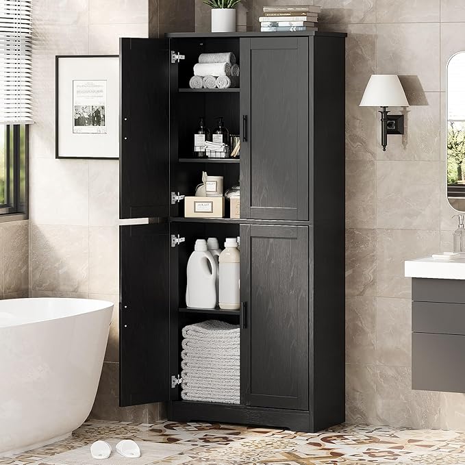 IDEALHOUSE Pantry Cabinet,70" Tall Kitchen Pantry Cabinet with 4 Doors and 3 Adjustable Shelves, Freestanding Cupboard, Modern Storage Cabinet for Bathroom, Dining Room, Living Room, Black