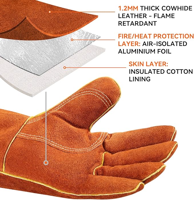OZERO 932째F Heat Resistant Welding Gloves: 14 inches Cowhide Leather Long Sleeve and Insulated Lining Grill Glove - for Tig Mig Welder Forge Stove Oven Baking Fireplace Barbecue Grilling, Brown