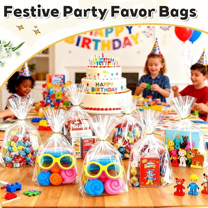 PigPotParty Cellophane Bags 8"x11", 50 Pack Clear Gift Bags, Bottom Gusset for Stand-Up Display, Plastic Cellophane Gift Wrap, Ideal for Goodies, Treats, Party Favors, Mugs, Includes 50 Ties