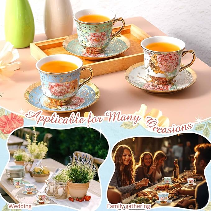 Set of 6 Tea Cups and Saucers Tea Party Decorations Floral Porcelain 5.4 oz British Gift for Women Birthday Party, Church, and Mother's Day (Classic Style)
