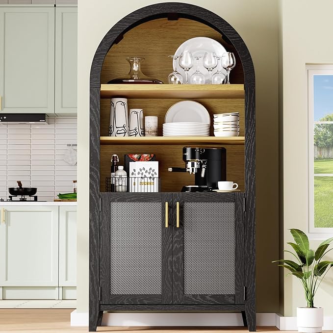 Arched Kitchen Pantry for, 63" Tall Wooden Entryway Storage Cabinet with 2 Doors & 5 Tier Adjustable Shelves, Versatile Farmhouse Hallway Organizer for Entryway, Bedroom, Dining Room