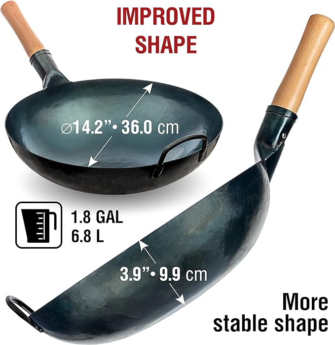 YOSUKATA Blue Round Bottom Wok Pan ??14" Woks and Stir Fry Pans + Wok Lid 13.6 Inch - Premium Stainless Griddle Dome with Tempered Glass + 17" Wok Spatula and Ladle and Turner