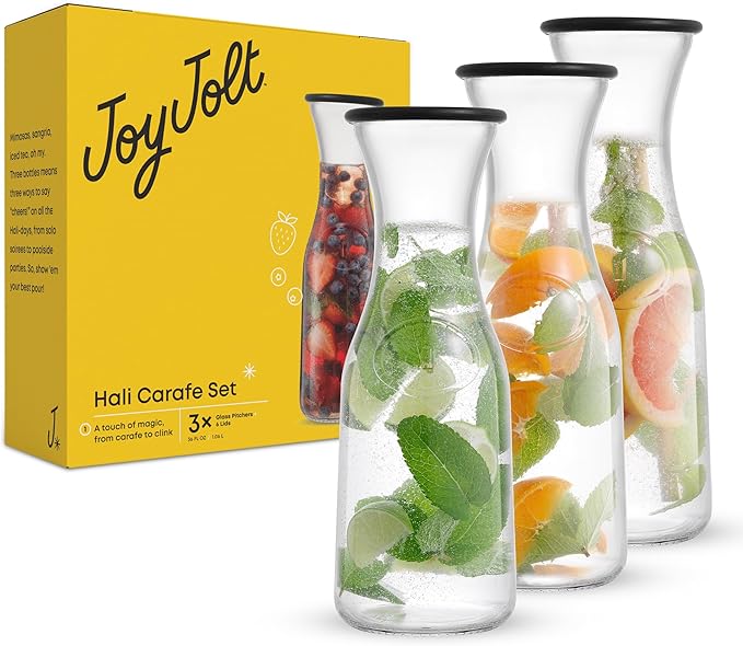 JoyJolt Glass Carafe with Lid, Set of 3 ??1 Liter Glass Pitcher for Mimosa Bar, Water, Iced Tea, Juice, Wine, Lemonade, Milk ??Dishwasher Safe Beverage Drink Dispensers for Brunch, Parties