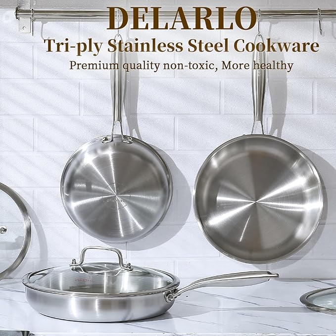 DELARLO Tri-Ply Stainless Steel Frying Pan訝? inch Skillet with Lid訝쭭ll Cooktops Compatible Up to 600?됦릅Enegry Saving訝쭷itchen Egg Skillet 9" 訝쭰urable訝쭱verything Pan訝쭽melet Pans for Kitchen Cooking