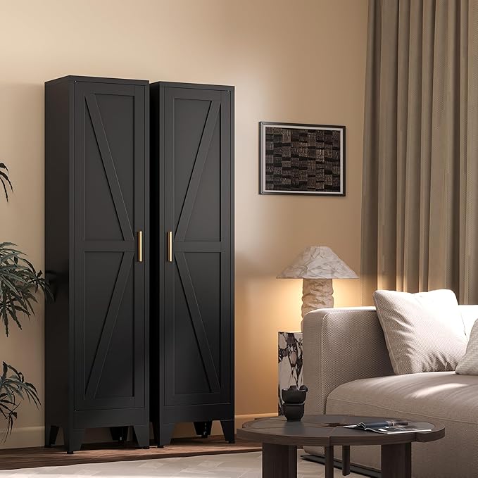 67?쏦 Metal Narrow Kitchen Pantry Cabinet,Black Skinny Pantry Cabinet,Tall Narrow Bathroom Storage Cabinet with Adjustable Shelves,Slim and Thin Pantry Cabinets for Living Room Dining Room