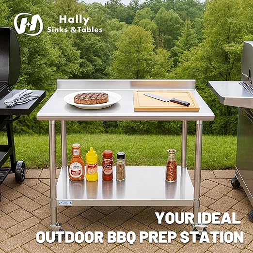 Hally Stainless Steel Table for Prep & Work 24 x 30 Inches with Caster Wheels, NSF Commercial Heavy Duty Table with Undershelf and Backsplash for Restaurant, Home and Hotel