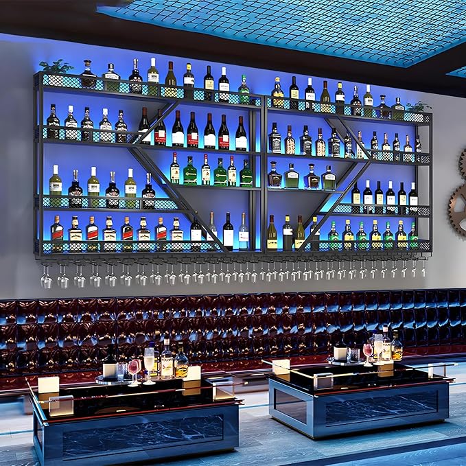 79in Metal Wine Rack Wall Mounted, Modern Wine Storage Rack Wall Mounted with Wine Glass Holder, Liquor Shelf, Bar Shelves for Liquor Bottles (4 Tiers Black, 79 * 7.87 * 48.5INCH)
