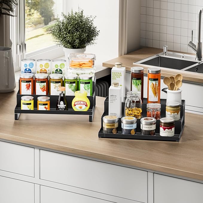 RCHYFEED Spice Rack Organizer for Cabinet, Set of 2 Metal 3 Tier Spice Rack 11.8"-22.8" Expandable Display Risers, Seasoning Organizer for Kitchen, Cabinet, Countertop, Pantry Spice Organizer