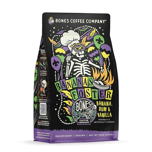 Bones Coffee Company Bananas Foster, Banana, Rum and Vanilla Flavored Coffee, Medium Roast Low Acid Arabica Beans Compatible with Auto drip and French Press Coffee Maker, 12 Oz Ground