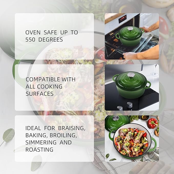 4.5 Quart Dutch Oven Enameled Cast Iron with Lid - Big Dual Handles - Oven Safe up to 500째F - Classic Round Pot for Versatile Cooking Green