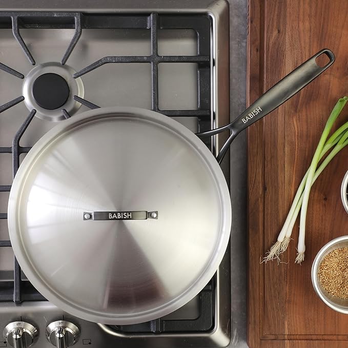 Babish 12-Inch Tri-Ply Stainless Steel Frying Pan with Lid & Black Handle ??Professional Grade Skillet for Searing, Saut챕ing & Even Heat Cooking