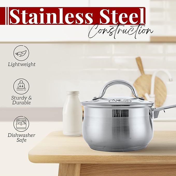 Alpine Cuisine Sauce Pan Stainless steel 3Qt Belly Shape with Glass Lid & Ergonomic Handle, induction Bottom Sauce Pan, Sauce Pot with Glass Lid for Cooking, Easy Clean & Rust Free, Dishwasher Safe