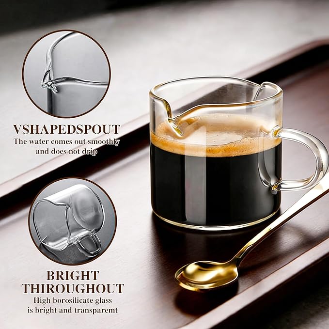 Espresso Cups Set of 2, 4 OZ Double Spouts Cups espresso measuring with handle Clear Glass Milk Coffee Accessories for Machine