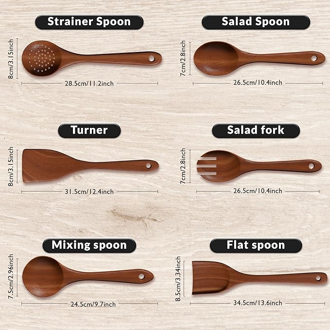 6-Piece Acacia Wood Cooking Utensil Set ??Wooden Kitchen Pan Toolset for Nonstick Cookware ??Includes Spoons & Spatulas ??Non-Scratch, Eco-Friendly Cooking Tools ??Everyday Use - Lifetime Replacements