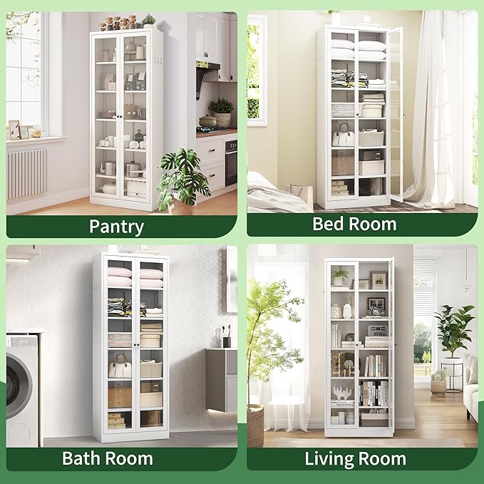 72" Tall Kitchen Pantry Cabinet,White Metal Pantry Cabinet with 2 Doors & 5 Adjustable Shelves,Utility Storage Cabinet Rust-Resistant for Living Room,Dining Room,Bathroom,Garage,Basement