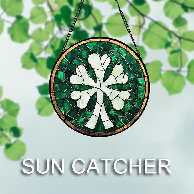 Stained Glass Window Hanging Green Clover 6.3" - Suncatcher Door Garden Sun Catcher Home Ireland Decor Birthday Mother's Day St Patrick's Day Gifts for Mom Men Woman Wife Friend