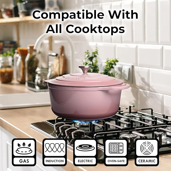 Zulay Kitchen 6 Quart Enameled Cast Iron Dutch Oven Pot with Lid ??Premium Durability & Oven Safe up to 500째F ??Heavy Duty Cookware Perfect for Bread Baking, Stews, Braising & Roasting ??Pink