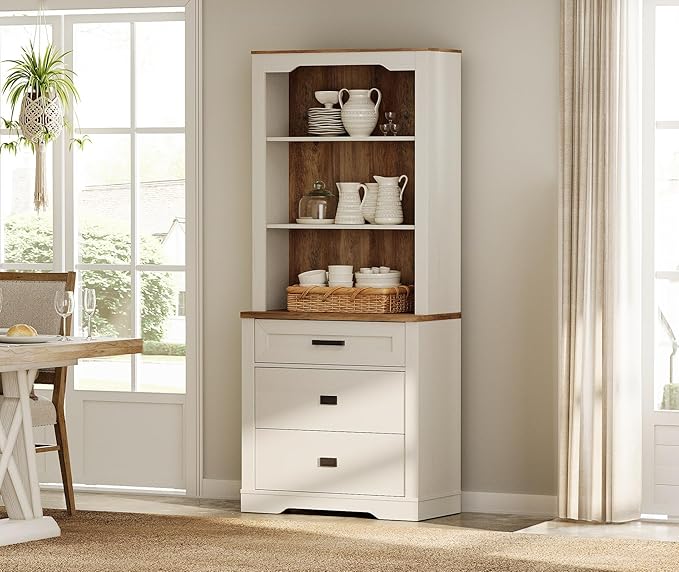 WAMPAT 3 Tier Pantry Cabinet with Drawer,73.3" Tall Floor Standing Cupboard,Modern Farmhouse Display Kitchen Buffet with Adjustable Shelves for Dining Room,Living Room,Rustic White