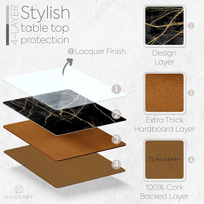 Moderry Set of 4 Heat Resistant Cork Placemats for Dining Table with Free Set of 4 Matching Drink Coasters Marble Design 16 x 12 Inches Cork Backed Hard Placemats (Black & Gold)