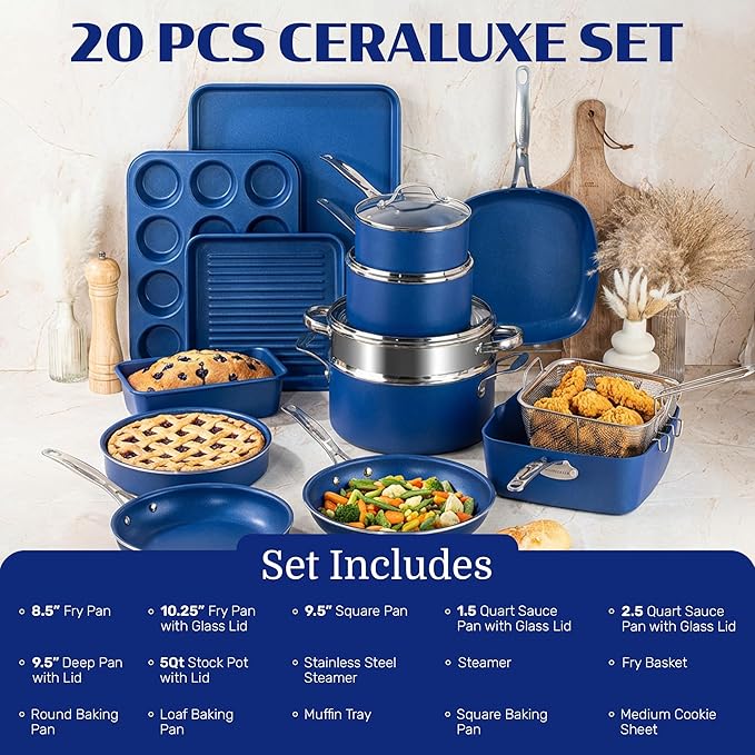 Granitestone Ceraluxe 20Pcs Ceramic Cookware Set Nonstick, Complete Pots and Pans Set Non Stick with 5 Pc Bakeware Set, Deep Frying Pan Set, & Steamer, Non Toxic PFOA Free, Oven & Dishwasher Safe