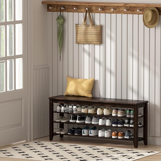 Taitiy Shoe Rack Bench with Rubberwood Flat Top and 3 Adjustable Shelves ??Wooden Shoe Rack for Entryway, Hallway, Mudroom, Front Door, or Small Spaces