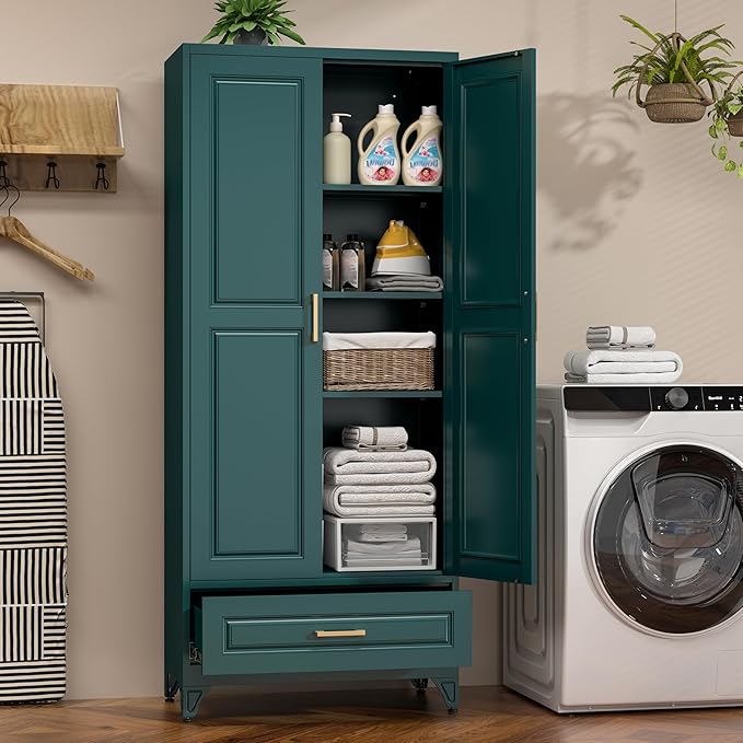 75" Kitchen Pantry Cabinet with Drawer, Metal Storage Cabinets with Doors and Adjustable Shelves, Green Tall Pantry Cabinet for Dinning Living Room, Home
