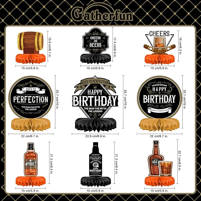 Whiskey pattern Birthday Party Decorations for MenTable Centerpiece Whiskey Honeycomb Table Toppers for 30th 40th 50th 60th 70th 80th Birthday decorations