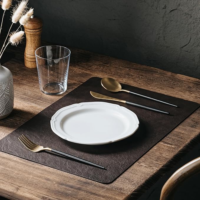 DOLOPL Placemats Set of 6 Reversible Dual-Color Table Placemats – Heat Resistant Wipeable & Brown Placemats, Faux Leather Table Mats for Vintage Table Decor（Dark Brown & Black）