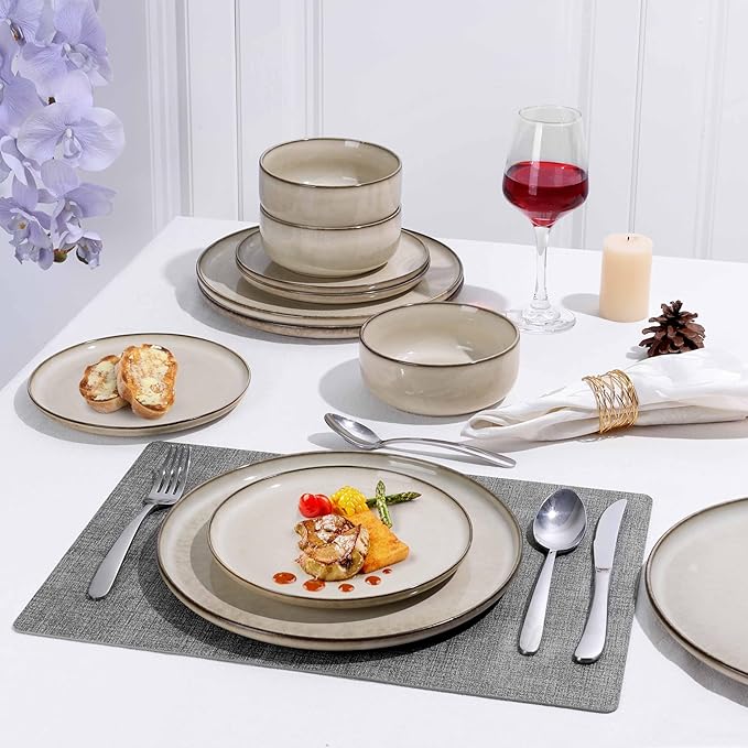 Herogo Stoneware Plates and Bowls Sets for 8, 24 Pieces Modern Round Dinnerware, Reactive Glaze Dishes Set for Kitchen, Chip Resistant, Microwave & Dishwasher Safe, Cream Khaki