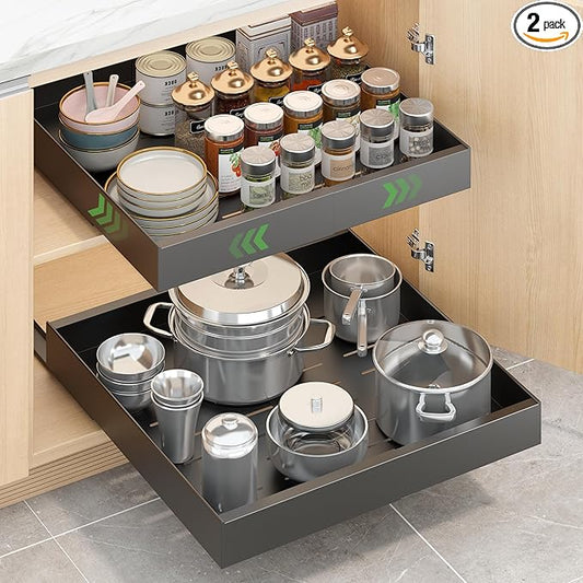Expandable Pull-Out Cabinet Organizer - Black, 21" D x Adjustable Width 12.6-20.47", No Drill Adhesive Installation with 3-Slide Rails for Kitchen Storage (2 Pack)