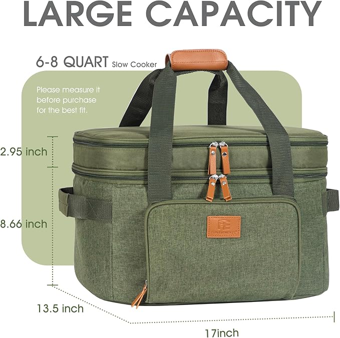 FUN ELEMENTS Double Layer Slow Cooker Carrying Bag for 6-8 Quart Oval CrockPot, Insulated Travel Carrier with Support Pad and Adjustable Straps, Top Zip Compartment and Front Pocket for Utensils,Green
