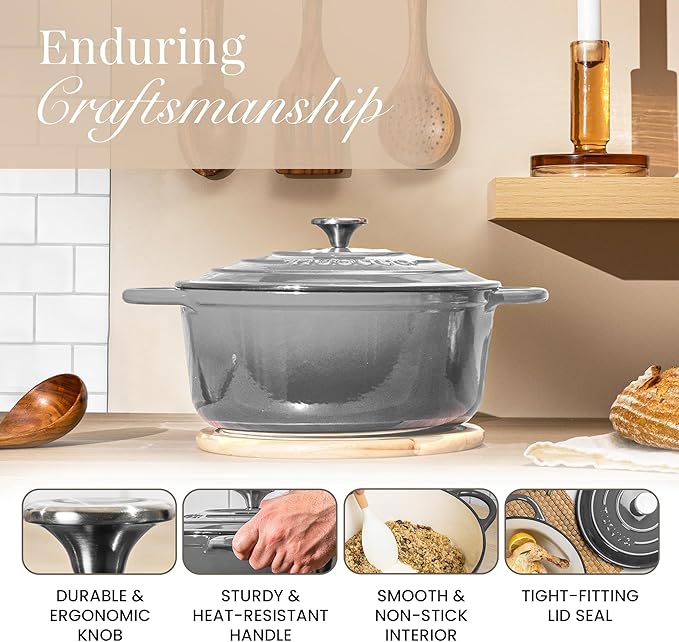 Nuovva Enamelled Cast Iron Dutch Oven Pot with Lid ??6.4 Quart Non Stick Casserole Pot ??Heavy Duty & Oven Safe up to 500째 F for Bread Baking, Braising, Stews, Roasting ??28cm Grey