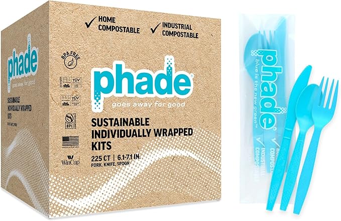 phade 100% Compostable Cutlery Set ??675 Utensils - BPI Certified Forks, Knives & Spoons in Wrapped Compostable Packaging, 6.1??.1 Inch Sustainable Disposable Utensils ??Made in USA