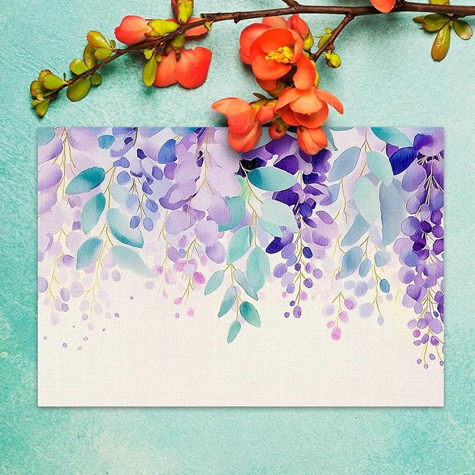 Jauageon Eucalyptus Leaves Placemat Set of 4 Spring Plants Placemats Purple Flowers Table Mats for Indoor Outdoor Home Party Kitchen Dining Decor Farmhouse Burlap Table Mats 12x18 Inch