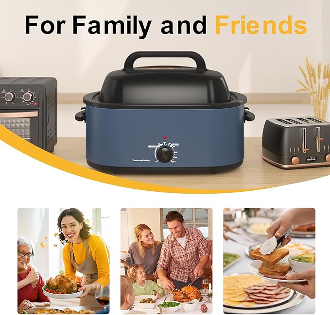RoyalCraft 26-Quart Electric Roaster Oven with Visible Self-Basting Lid, Turkey Roaster Oven with Removable Pan and Rack, Perfect for Large Meals and Holiday Feasts, Blue