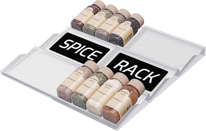 LEVANI Spice Drawer Organizer ??3 Large Tiers, Anti-Slip Grips, Narrow to Standard Drawer Size - Expandable from 8 ??15 inches Wide, Clear Durable Acrylic Spice Rack, No Sliding in Kitchen Drawers