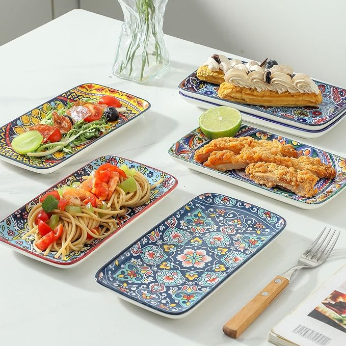 glowworm Porcelain Appetizer Plates Set of 6, 8.5 Inch Rectangular Salad Plates for Sushi, Dessert, Christmas Serving Platters, Serving Tray for Party, Microwave & Oven Safe, Bohemian