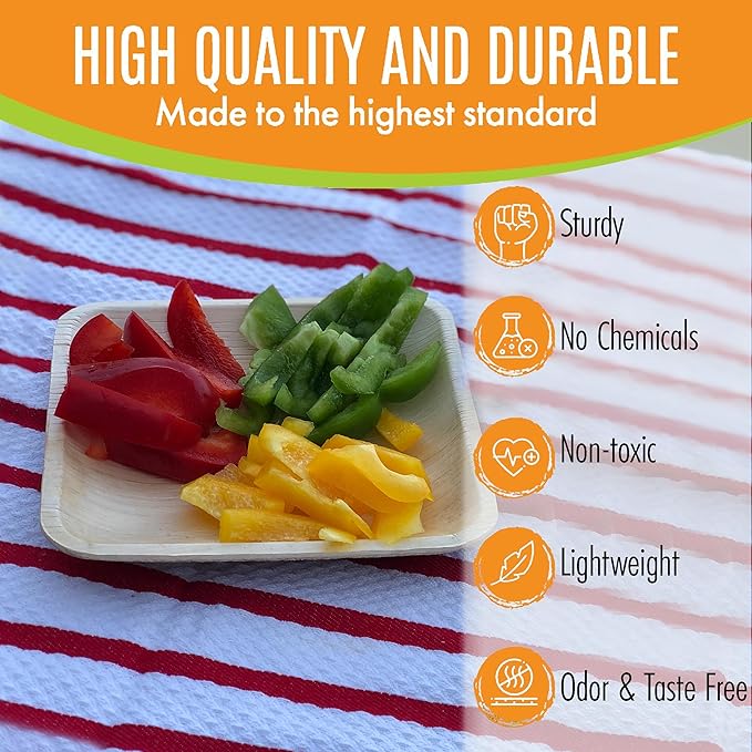 Raj Palm Leaf Plates [100-Pack] 6" Square Plates like Bamboo plates Disposable, Strong, Decorative Compostable Tableware for wedding, Lunch, Dinner, Birthday, Camping, Outdoor BBQ, Picnic