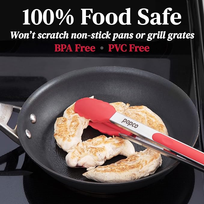 Popco 3-Piece Kitchen Tongs Set ??Stainless Steel Heat Resistant Silicone Tips, Strong Comfort Grip, 3 Sizes (7, 9, 12 Inch), Non-Scratch, Dishwasher Safe, for Cooking, BBQ, Salad