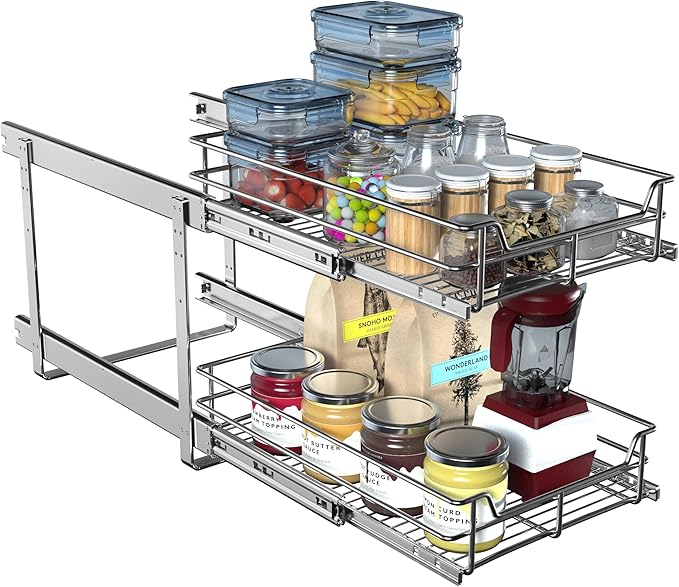 2-Tier Pull Out Cabinet Organizer (17" W x 22" D), Pull Out Shelves and Drawer for Kitchen Pantry Storage Basket, Heavy-Duty Metal Sliding Shelf, Chrome Finish