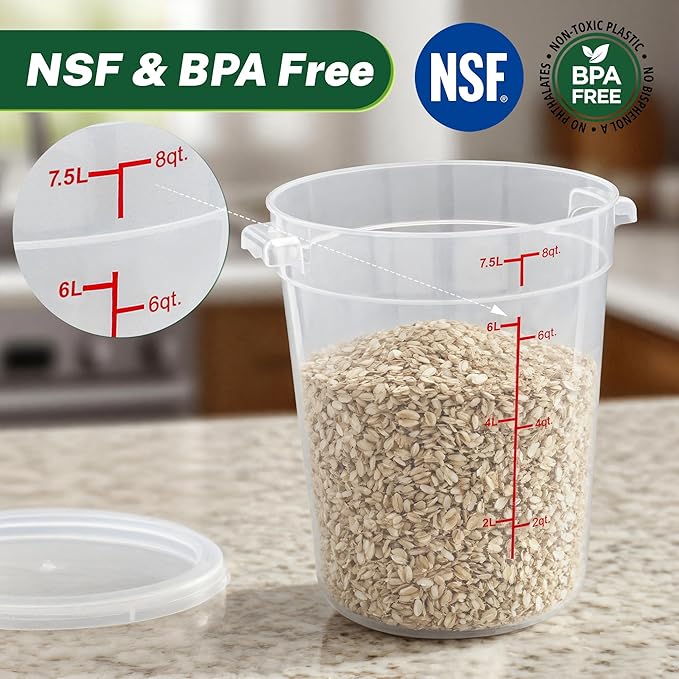 Round Food Storage Container with Lid, 8Qt Translucent, Commercial 4 Pack of ??NSF Listed, BPA-Free, Polypropylene, Non-Stick, Scale, with Labels & Measuring Cups
