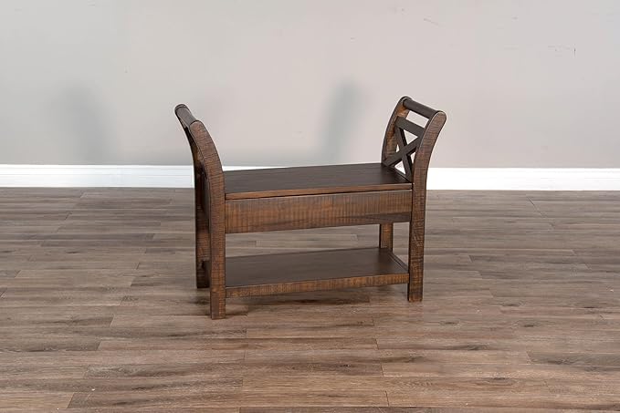 Empire USA Rustic Storage Bench, Mahogany Wood with Lower Shelf (Tobacco Leaf Finish)