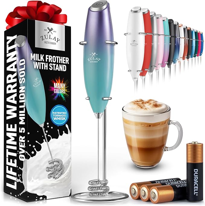 Zulay Kitchen Patented Tornado Triple Whisk Milk Frother with 4 Duracell Batteries ??Handheld Foam Maker for Coffee, Lattes, Matcha & Hot Chocolate ??Rich, Creamy Froth in Seconds