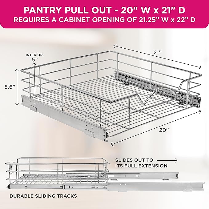 HOLDN??STORAGE Heavy-Duty Premium Collection Pull Out Cabinet Organizer, Cabinet Drawer Slide Outs, Lifetime Limited Warranty - Basket Size 20" W x 21" D x 5" H, Anti-Rust Chrome Finish