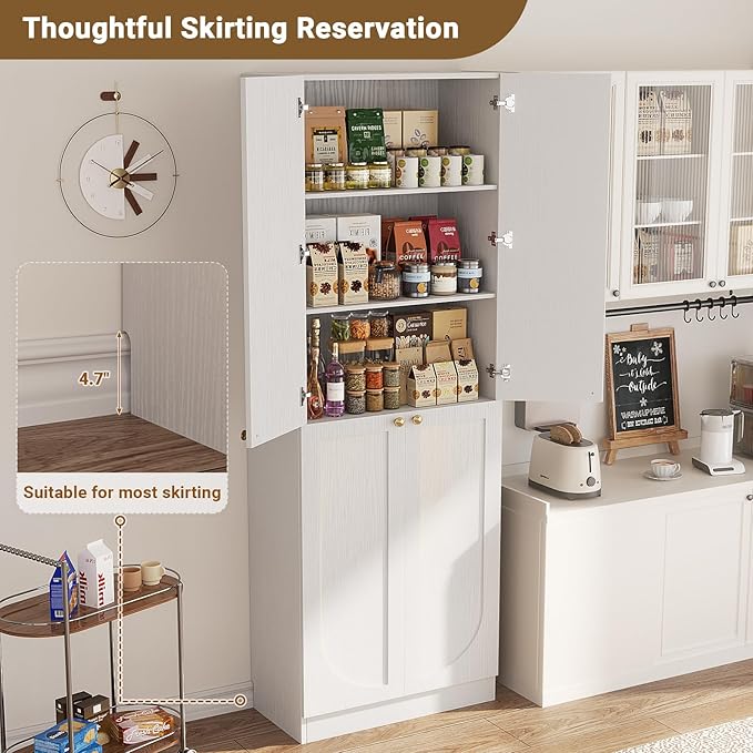 Cyclysio 80" Kitchen Pantry, Extra Tall Arch Storage Cabinet with 4 Doors and Adjustable Shelves, Freestanding Wood Cupboard with Seamless Fit Wall for Dining Living Room Bathroom Furniture (White)