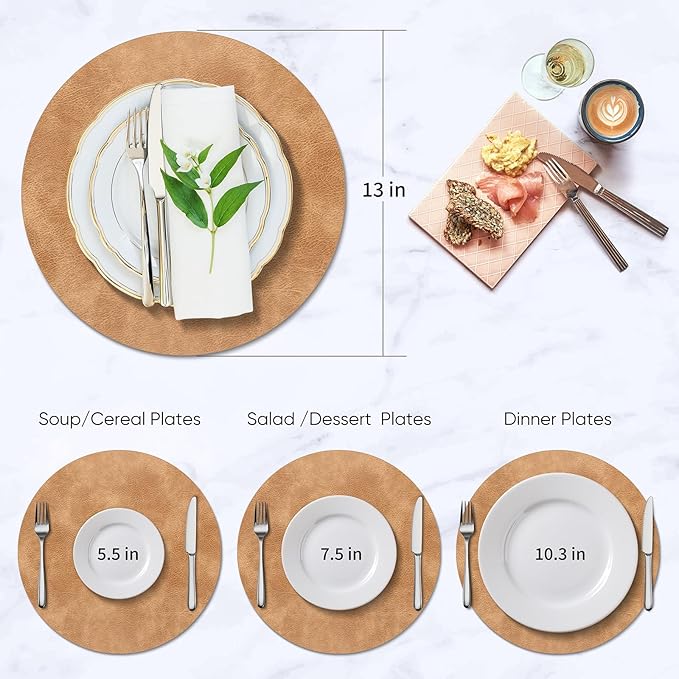 ADRIMER Placemats, Heat Resistant Round Placemats Set of 4 Washable, Waterproof Table Mats, Wipeable Faux Leather Place Mats for Kitchen, Dining Room, Camel