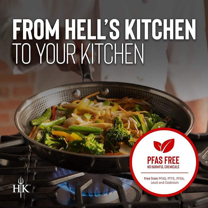Hell's Kitchen Hybrid 12??Wok Pan, Tri-Clad Stainless Steel and Nonstick Ceramic, PFAS Free, no PFOA, no PTFE, no Teflon, Non Toxic Cookware, Metal Utensil Safe, All Cooktops and Oven Safe