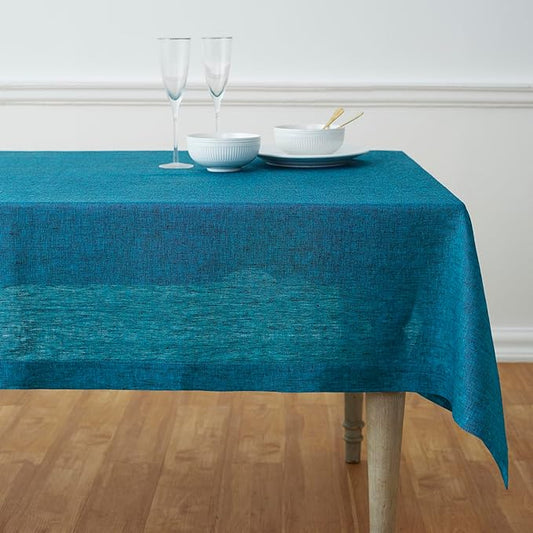 Solino Home Linen Tablecloth 60 x 90 Inch - 100% Pure Linen Chambray Teal Table Cloth for Rectangle Tables - Athena, Machine Washable Tablecloth for Spring, Easter, St Patricks Day
