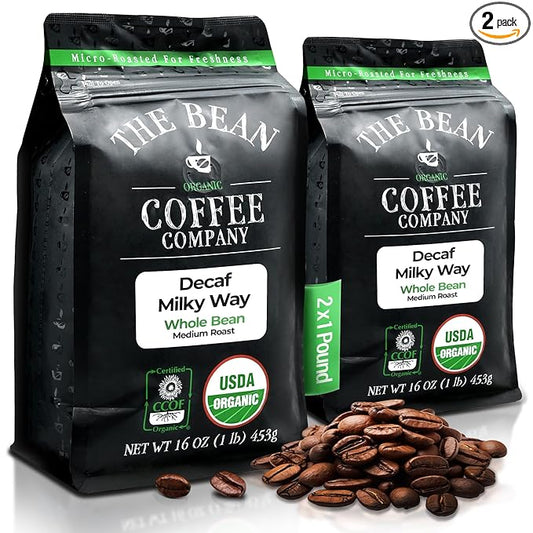 The Bean Organic Coffee Company Water Processed DECAF Milky Way, Medium Roast, Whole Bean Coffee, 16-Ounce Bags (Pack of 2)