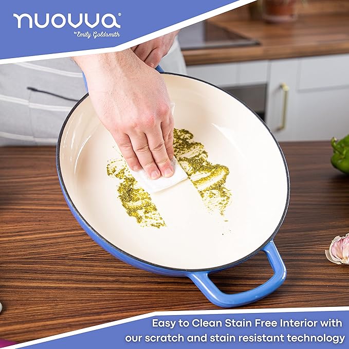 Cast Iron Dutch Oven with Lid ??Non Stick Shallow Dutch Oven Pot, Oven Safe up to 500째 F ??Sturdy Cooking Pot ??Enamelled Stockpot Cookware ??Dark Blue, 3.7-Quart, 30cm ??by Nuovva